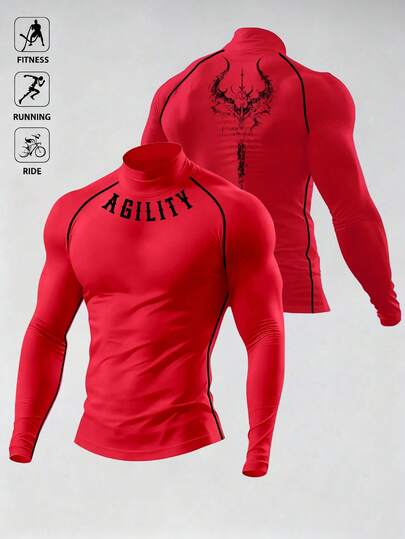 Manfinity Sport Corelite Men's Casual Letter Pattern Stand Collar Raglan Sleeve Sports T-Shirt, Autumn Compression Shirt Men