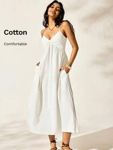 女式休闲宽松褶皱白色编织细肩带长连衣裙 - 白色 - 查看 7