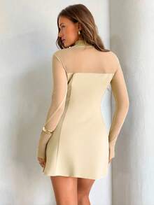 Aloruh Women's Elegant Mock Neck Fitted Sheer Waist A-Line Mini Dress, Burgundy - Apricot - View 2