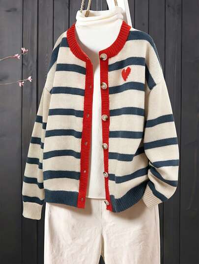 Franclia เสื้อคาร์ดิแกนถักหลวมๆแบบ Contrast color heart stripe ใหม่สำหรับผู้หญิง, เสื้อแขนยาว