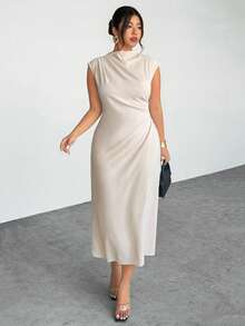 Firerie 大码女士纯色立领褶裥修身优雅连衣裙 - 杏色 - 查看 7