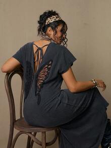 Freevana 大码纯色短袖露背蝴蝶结装饰圆领开衩下摆连衣裙 - 深灰色 - 查看 1