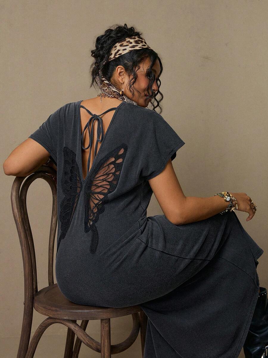 Freevana 大码纯色短袖露背蝴蝶结装饰圆领开衩下摆连衣裙 - 深灰色 - 查看 1