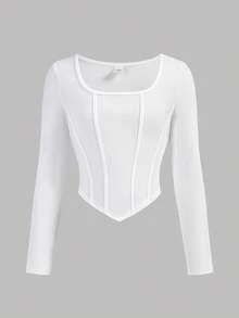 SHEIN Girlism 少女休闲街头风修身不对称下摆长袖上衣搭配宽松阔腿牛仔印花涂鸦图案裤子两件套，返校季，甜美酷炫女孩，时尚个性 - 白色 - 查看 6