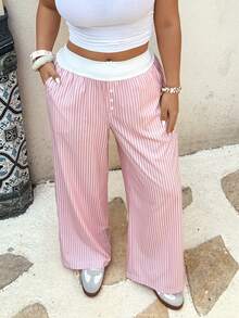 Sunnyshic Quần ống rộng kẻ sọc phong cách đường phố thường ngày, dáng rộng phối màu tương phản, thích hợp cho mùa xuân/thu. - Hồng - Xem 4