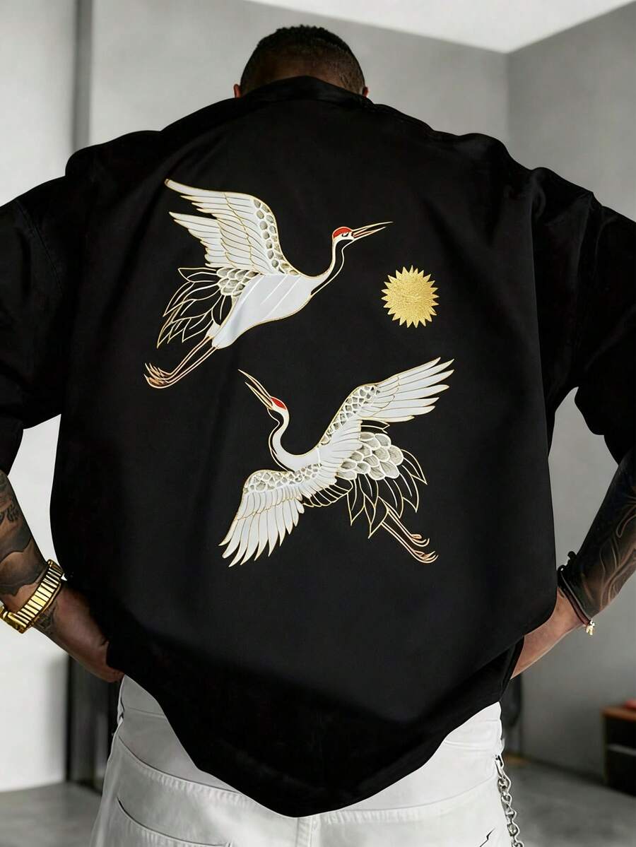 Men's Casual Crew Neck T-Shirt, Seagull Animal Chasing Sun Print Design, Fashion Personalized Style, Daily Wear, Summer - Black - View 1