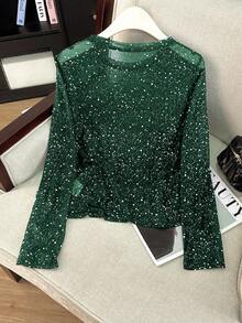 Franclia 女士弹力金属银色圆领长袖上衣 - 墨綠色 - 查看 2