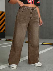 SHEIN ICON 大码女式时尚休闲宽松牛仔阔腿裤 - 咖啡棕 - 查看 5