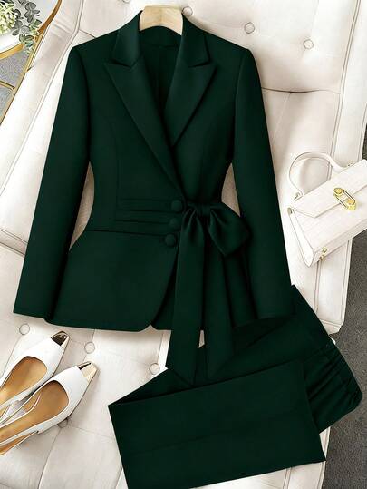 GlowEve CURVE Plus Size Women Solid Color Notched Collar Jacket And Pants Elegant Business Suit Set