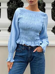 Siren Gaze Women's Solid Color Round Neck Pleated Long Sleeve Fashion Blouse Spring Casual Smocked Top Baby Blue Top Women Ruffle Blouse Blue Long Sleeve Top Light Blue Blouse - Blue - View 7
