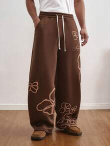 TOKVUE Y2K 男士休闲撞色字母印花抽绳腰运动裤，男士印花运动裤，男友礼物，圣诞礼物，高品质男士慢跑裤，街头风长裤，适合锐舞派对 - 咖啡棕 - 查看 4