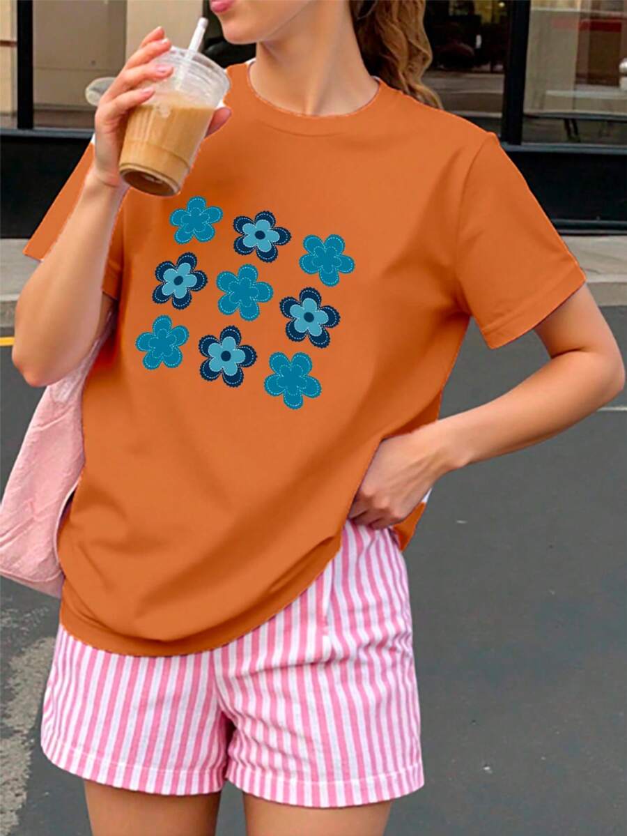 Playera casual de mujer con estampado floral azul – confortable, fresca y con estilo - Naranja - Ver 1