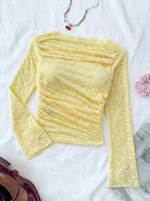 SHEIN 青少年女孩修身休闲简约舒适露肩喇叭袖长袖T恤 - 黃色 - 查看 7