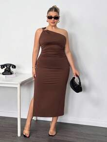 Truni Plus Size Women's Solid Color Sleeveless Ruched Fitted Elegant Dress/Autumn /Winter - Brown - View 6