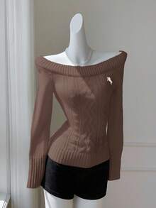 Comfortcana 女士时尚休闲扭结针织露肩长袖毛衣 女士毛衣 棕色毛衣 咖啡棕色上衣 棕色长袖上衣 麻花针织毛衣 女士毛衣 - 棕色 - 查看 8