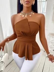 SOLERSUN 纯色褶皱不对称下摆露肩抹胸上衣 - 鏽棕色 - 查看 5