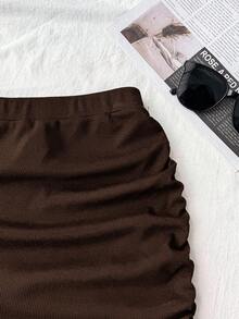Tween Girl High Waist Pleated Slit Hem Ribbed Knit Skirt - Brown - View 4