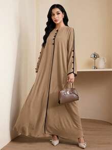Veilorie Women's Round Neck Long Sleeve Button Design Loose Arabic Style Dress - Khaki - View 3