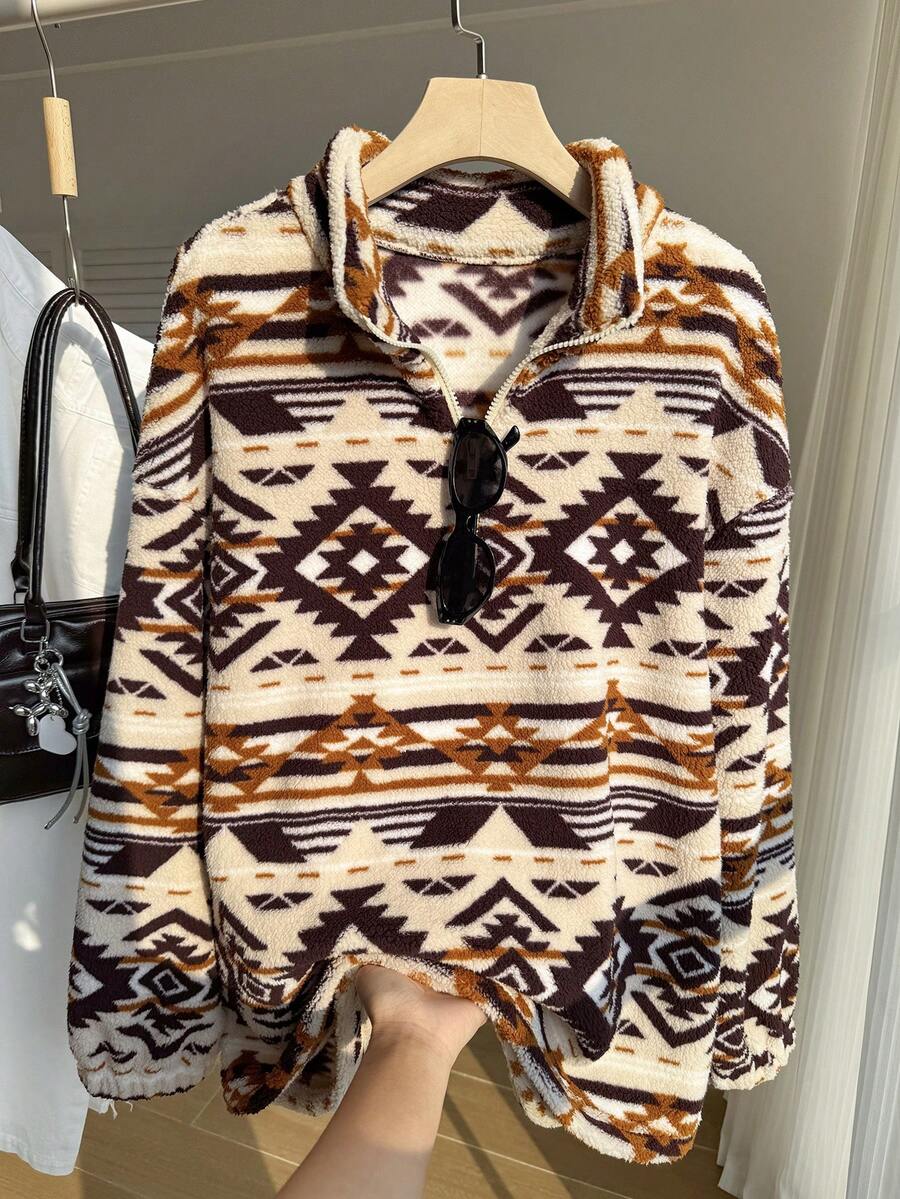 Comfortcana 大码女式几何图案半襟长袖羊毛运动衫，秋冬款