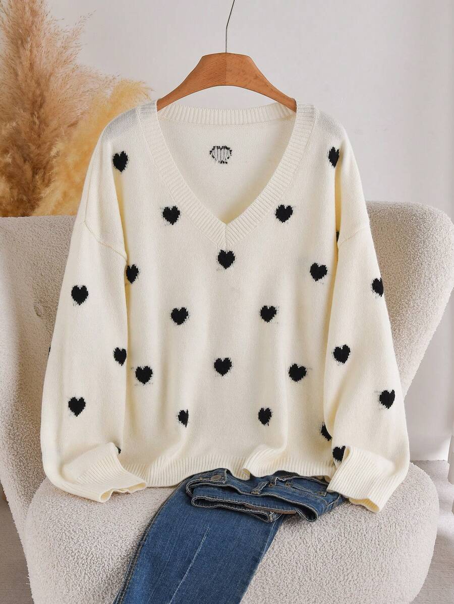 CosyJoli Plus Size Fashion Heart Pattern Jacquard Drop Shoulder Long Sleeve V-Neck Sweater Thanksgiving/Winter - Black - View 1