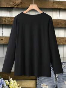 Lacomfia Damen Oversize Kontrast-Farbige Strick-Textur Knopf-Vorder T-Shirt, Lässig Homewear für Herbst/Winter - Schwarz und Weiss - Übersicht 2