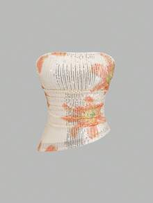 Sweetra 女士新款时尚高街优雅抹胸上衣，性感修身印花串珠优雅派对度假百搭舒适户外黄色抹胸上衣 - 黃色 - 查看 5