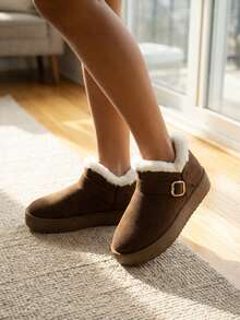 Dama botines de forro afelpado hebilla decorativa punta cerrada estilo acogedor para uso diario botines - Café integral - Ver 3