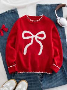 SHEIN Tween Girl Bow Jacquard Crew Neck Loose Fit Casual Sweater, Bow Sweater Tween Girls Cute Sweaters, Sweater With Bows - Red and White - View 5