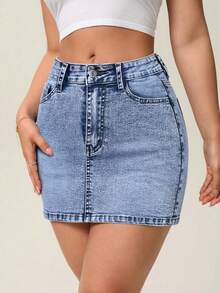 SHEIN PETITE Jupe en jean mini avec poches, style casual de rue pour femmes