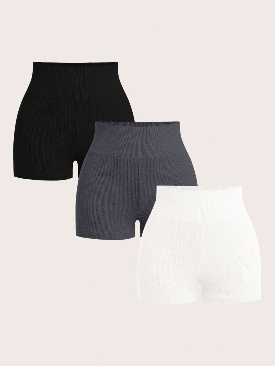 SHEIN BASICS Set de 3 shorts ajustados de punto de unicolor casual para mujer - Gris Oscuro - Ver 1