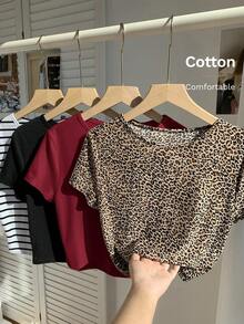 Comfortcana 4pcs/Pack Women Solid & Leopard Striped T-Shirt, Summer Fall Top - Multicolor - View 1