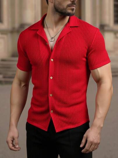 HIMLAND Men's Casual Solid Color Textured Short Sleeve Shirt