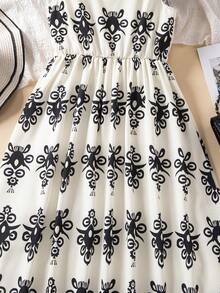 SHEIN Explorewe Đầm dài tay ngắn, thắt eo, họa tiết hoa retro dành cho bé gái tuổi teen - màu đen - Xem 8