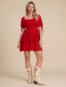 WESTFADE 泡泡袖系带迷你连衣裙 - 紅色 - 查看 2