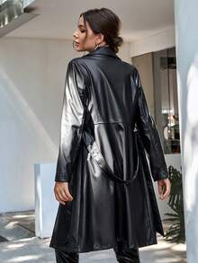 Gabardina Largo De Cuero Con Solapa Con Cinturón PU Para Mujer, De Media Longitud,Con Manga Larga Y Tirantes,Trench De Color Sólido,Prenda De Moda Casual - Negro - Ver 2