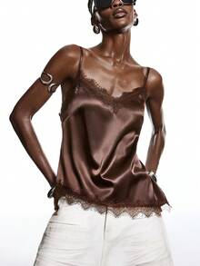 LYSMO 2025新款极简主义冬季女式棕色蕾丝缎面闪亮上衣，优雅蕾丝拼接吊带背心，适合夏季/冬季穿着，优雅派对圣诞新年派对上衣 - 咖啡棕 - 查看 7