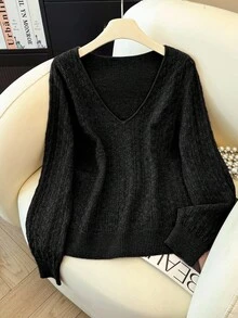 Franclia Women's V-Neck Long Sleeve Casual Loose Knit Sweater, Autumn/Winter - Black - View 1
