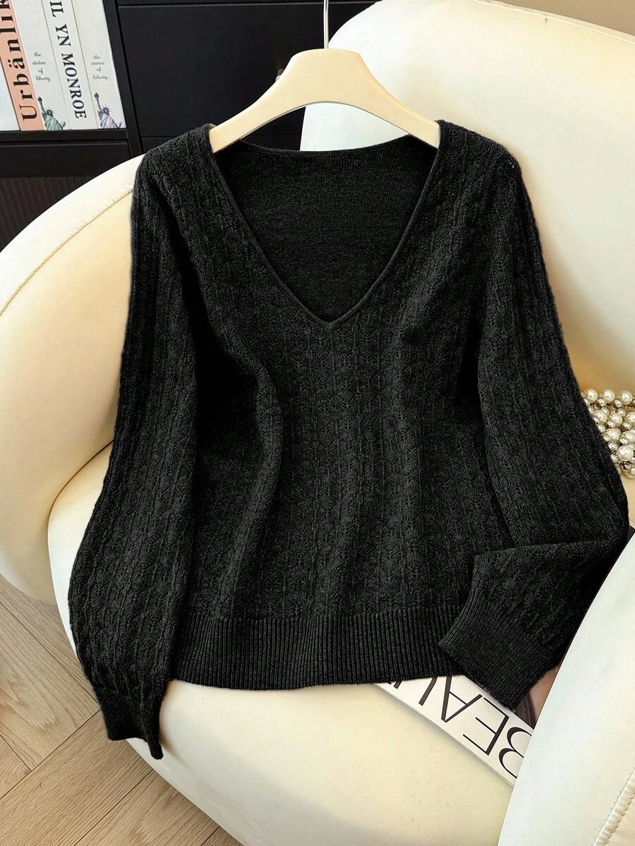 Franclia Women's V-Neck Long Sleeve Casual Loose Knit Sweater, Autumn/Winter - Black - View 1