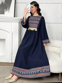 SHEIN 少女编织拼接花卉印花流苏休闲度假连衣裙 - 藏蓝色 - 查看 3