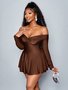 SOLERSUN Women's Winter Clothes Elegant Commuting Valentine's Day New Year's Party Women's Autumn Winter Women's Sexy One Shoulder Jumpsuit, Waist Slim Fit Ruffle Angra Red Mini Fake Skirt Jumpsuit, - Brown - View 4