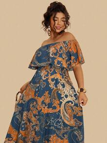 Travachic Plus Size Bohemian Paisley Print Off Shoulder Ruffle Hem Maxi Dress, Casual Holiday Style For Women, Autumn - Multicolor - View 5