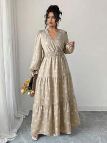 Elenzga 大码女式法式休闲优雅V领刺绣花卉印花长袖连衣裙，秋冬款 - 杏色 - 查看 4