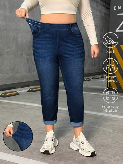 Flexra Plus Size Women Knitted Casual Straight Leg Jeans Denim Capris For Women Elastic Waist Jeans Tummy Control Jeans Curve Plus Jeans Women Jeans Plus Size