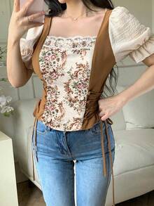 Feyla Bluză elegantă vintage pentru femei, cu mâneci bufante și imprimeu floral din dantelă