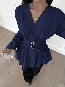 Siren Gaze Women's Cotton Contrast Trim Waist Shirt, Autumn/Winter New Arrival Spring - Navy Blue - View 4