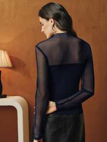 Anewsta 女士立领网眼拼接修身时尚约会之夜长袖T恤