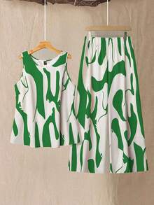 SHEIN Tall Elegant Commute & Vacation Floral Fabric Round Neck Sleeveless Top & Elastic Waist Long Pants 2 Pieces Set, Orange, Plus Size Tall - Green - View 1