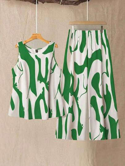 SHEIN Tall Elegant Commute & Vacation Floral Fabric Round Neck Sleeveless Top & Elastic Waist Long Pants 2 Pieces Set, Orange, Plus Size Tall