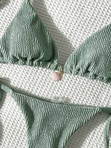 Elavelle 女士提花面料露背金属装饰性感比基尼套装，夏季 - 青檸色 - 查看 6