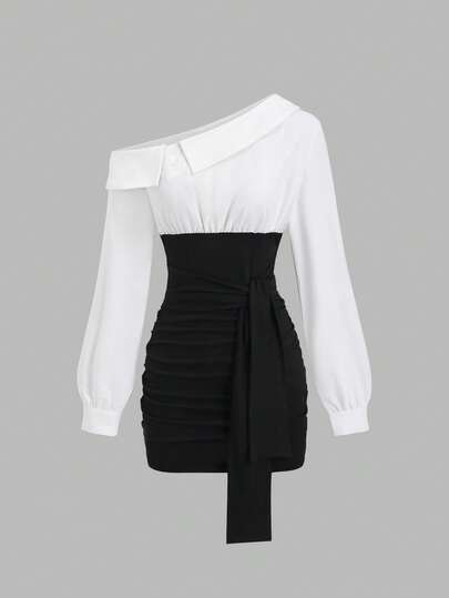 Sweetra Retro American Style Classic Black & White Color Block Asymmetric Collar Sexy School Girl Pleated Wrap Skirt Dress With Tie Design, Versatile & Elegant For Work